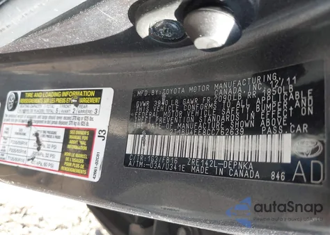 2012 Toyota Corolla Le из США, поврежденный, VIN 2T1BU4EE8CC762639